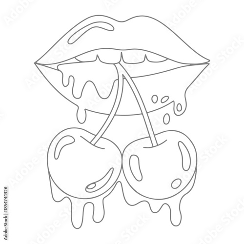 Female Mouth Dripping with Cherry Fruit