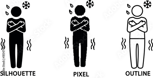 Silhouette and pixel icons depicting a person shivering in the cold weather