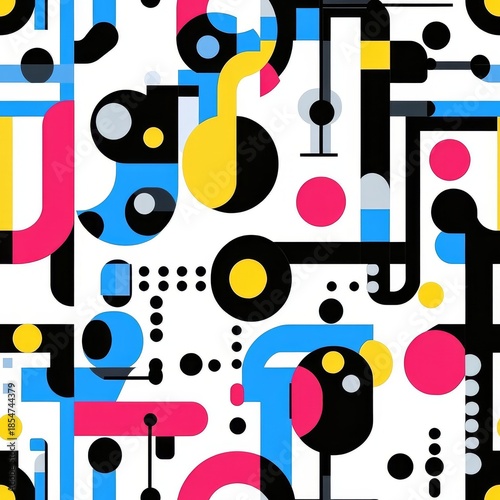 Wallpaper Mural Geometric seamless pattern featuring interlocking plastic components in cyan, magenta, yellow, black and white, perfectly balanced distribution of circular connectors, rectangular plates, and Torontodigital.ca