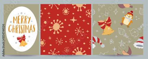 Vector set including 1 Christmas social media greeting card and 2 seamless holiday patterns with doodles. Festive, cozy and versatile for posts, banners, gift wrap, prints, textiles and seasonal desig