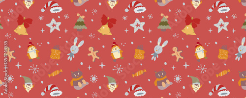 Horizontal vector wrapping paper design with a seamless Christmas pattern. Festive, bright, and cozy. Perfect for gift wrap, retail packaging, holiday branding, prints, and seasonal decorations.