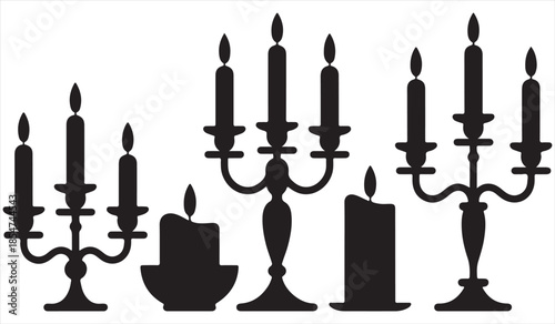 Vector icon pack of wax candles, tea lights and multi-arm candelabras in black silhouette style