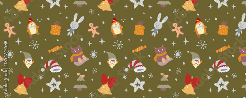 Horizontal vector wrapping paper design with a seamless Christmas pattern. Festive, bright, and cozy. Perfect for gift wrap, retail packaging, holiday branding, prints, and seasonal decorations.