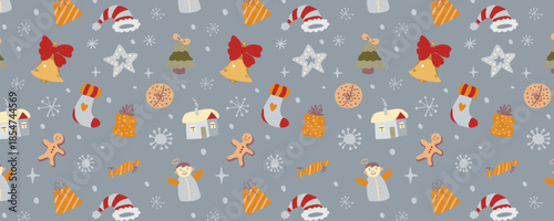 Horizontal vector wrapping paper design with a seamless Christmas pattern. Festive, bright, and cozy. Perfect for gift wrap, retail packaging, holiday branding, prints, and seasonal decorations.