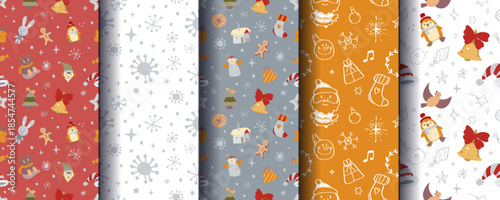 Set of 5 cute cosy seamless Christmas ornaments with festive winter elements. Perfect for holiday backgrounds, wrapping, cards, textiles, packaging, prints and seasonal designs. Vector format.