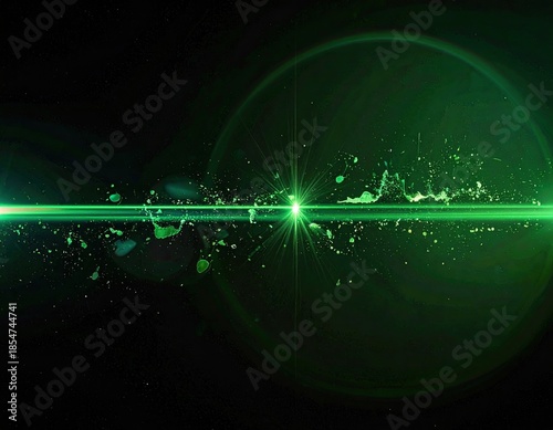 Abstract, green light burst with splashes and a large lens flare