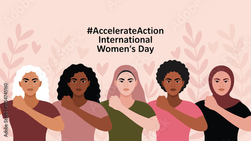 Group of five diverse women raising fists for International Womens Day Accelerate Action