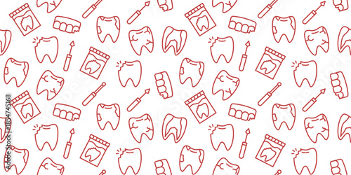 Seamless Pattern Dental Line Art Icons Featuring Healthy Teeth Toothbrushes Dentures and Dental X-rays for Clinic Branding Oral Hygiene Education Backgrounds or Medical Wallpaper