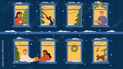 Cozy Christmas Eve Scenes Diverse People and Pets Celebrate the Holidays Through Apartment Windows