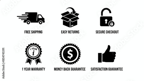 Icons representing free shipping, easy returns, secure checkout, warranty, money back, and satisfaction guarantees for online purchases