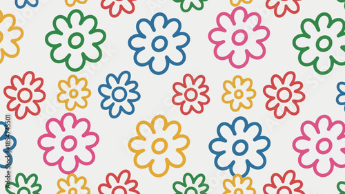 Playful and bright seamless floral pattern with sketched outlines in a joyful spectrum of colors on a crisp white background, radiating cheerfulness