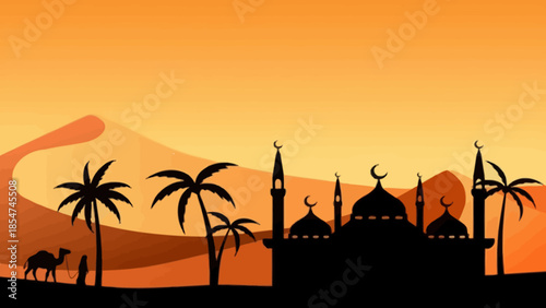 Golden desert panorama featuring a majestic mosque and palm tree silhouettes at dusk, symbolizing spiritual journey and Arabian culture