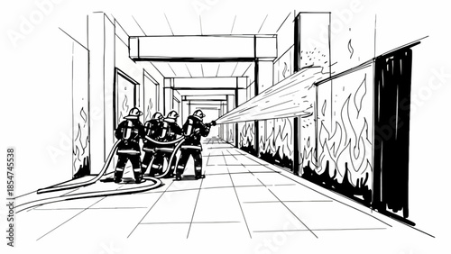 Brave Firefighters Battling Blaze in Office Hallway Emergency A Scene of Courage and Crisis Response During a Building Fire
