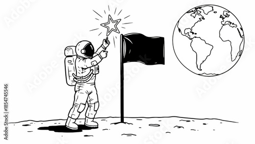 Astronaut Plants Flag on Moon with Glowing Star Wand, Blending Realistic Space Exploration with Whimsical Imagination Under Earth's Gaze