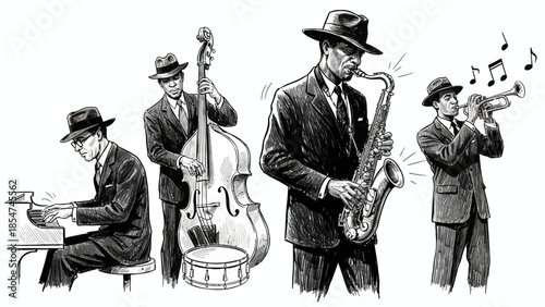 Classic Jazz Quartet Performing Vintage Music Piano, Double Bass, Saxophone, and Trumpet Ensemble