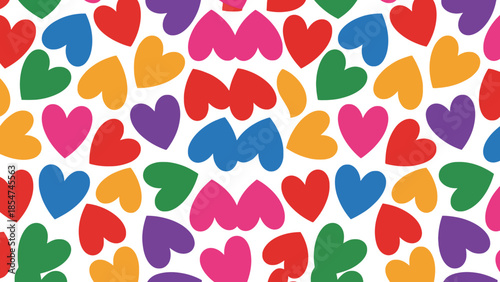 Vibrant Seamless Pattern of Colorful Heart Shapes and Abstract M-like Forms on a White Background, Ideal for Design and Decoration