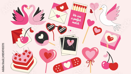 Collection of Romantic and Love-themed Icons, Perfect for Valentine's Day and Celebrations