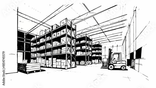 Monochrome sketch of a busy industrial warehouse, with tall shelves, boxes, a forklift, and pallets, depicting efficient storage and logistics