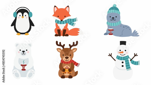Cute cartoon winter characters collection penguin, fox, seal, polar bear, reindeer, and snowman illustration for festive season designs and holiday greetings