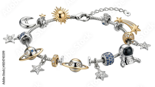 Silver charm bracelet with celestial and space themed charms