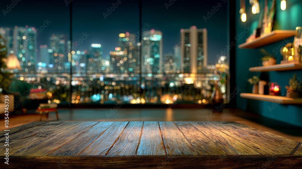 Fototapeta premium Empty wooden table against a blurred view of a dark-themed living room with large glass view overlooking the city skyline. For product mockup, web banner, presentation, advertisement