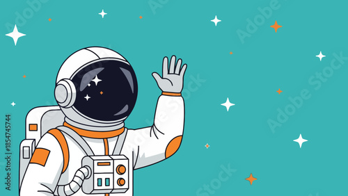 An astronaut in a spacesuit waves hello against a teal background with stars