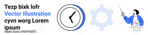 Business management, time planning, education, training, organization, workplace efficiency. Clock icon, gear symbol and educator explaining document. Time planning and business concepts