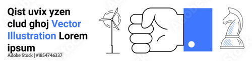 Business strategy, renewable energy, decision-making, strength, sustainability, and planning. Wind turbine, clenched fist and chess knight in minimalistic lines. Business strategy and renewable