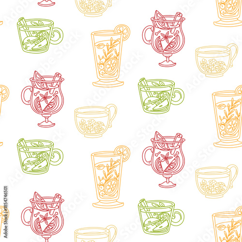 Seamless pattern with bright flat outlines for winter drinks, mulled wine, sea buckthorn, and spiced tea. Festive design using citrus and spices for wrapping paper, cafe menus, or cozy seasonal