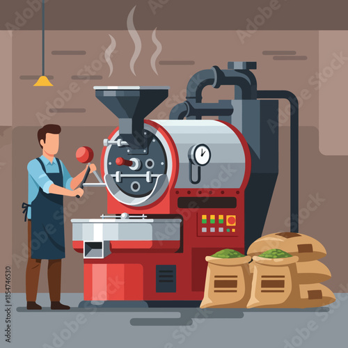 Coffee roasting process with man operating machine and bags of beans