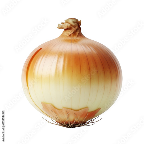 Whole yellow onion with roots and stem on black allium cepa