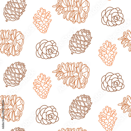 Seamless pattern with bright flat contoured pine and cedar cones in brown and orange. Botanical forest design for autumn wrapping paper, seasonal textile prints, cozy backgrounds for winter holidays