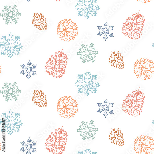 Seamless pattern with bright flat contoured pine, cedar cones and various snowflakes. Festive winter forest design for holiday wrapping paper, seasonal textile prints or cozy holiday backgrounds