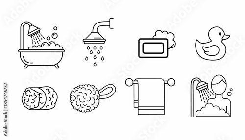 Bath and hygiene icon set, including bathtub with bubbles, shower head with water drops, soap bar, rubber duck, bath sponge, loofah, towel rack, and person showering