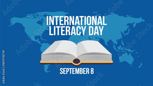 International Literacy Day illustration with an open book on a world map background on September 8