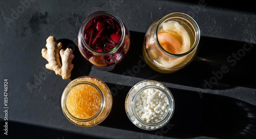 Various Probiotic Starters Including Kombucha Scoby, Water Kefir Grains, and Beet Kvass in Glass Jars with Fresh Ginger Root on a Dark Background