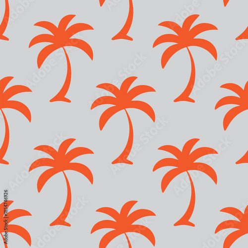 Repeating pattern of bright orange palm trees on a light gray background tropical design