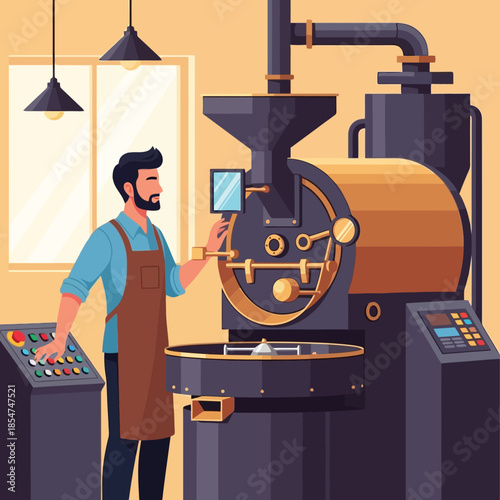 Artisanal coffee roasting process with professional barista and modern machine