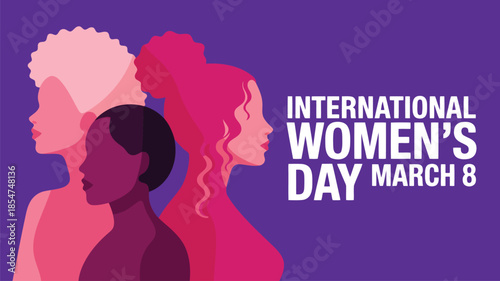 International Womens Day celebration shown with diverse female silhouettes on a purple background