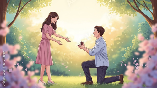 Man kneeling down holding ring box proposing to woman in pink dress outdoors in park with cherry blossoms trees