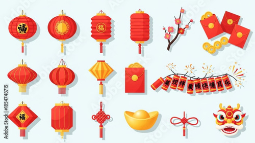 Chinese new year decorations and symbols, red lanterns, envelopes, golden coins, and lion dance mask on light blue background