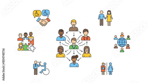 Diverse people connect in a circle with arrows, symbolizing unity, teamwork, and inclusivity with disability representation