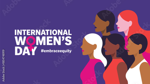 International Womens Day illustration with diverse women profiles and embrace equity hashtag on purple