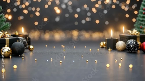 Charming display of shiny ornaments and glowing candles set against a festive backdrop, perfect for holiday gatherings and celebrations