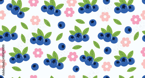 A seamless fruit pattern featuring blueberries, small pink blossom flowers, and green leaves on a light surface. Perfect for summer themed wallpaper, wrapping paper, fabric and stationery design. 