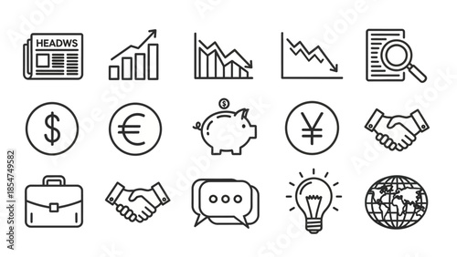 Collection of business and finance line icons representing various concepts.