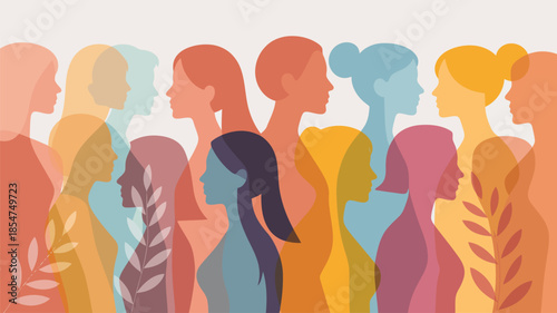 Many diverse colorful translucent female silhouettes are layered together with delicate plant motifs