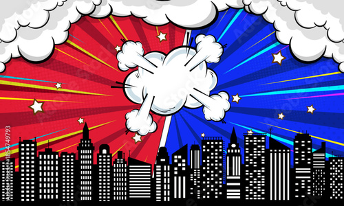 Comic blue and red background with city silhouette and cloud illustration