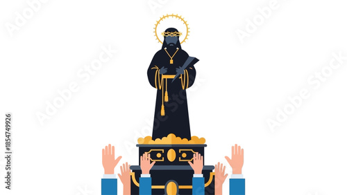 A striking flat design representation of the sacred Black Nazarene statue, prominently displayed on its elaborate 'andas' carriage. 