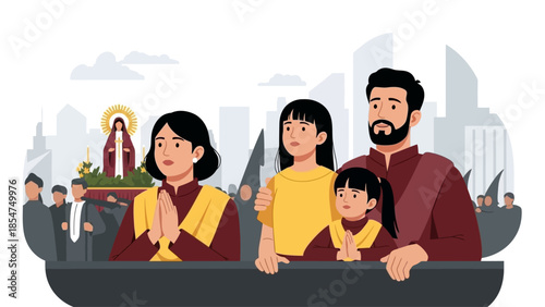 This flat design illustrates a family in Manila, dressed in traditional colors, reverently observing the Feast of the Black Nazarene procession. 